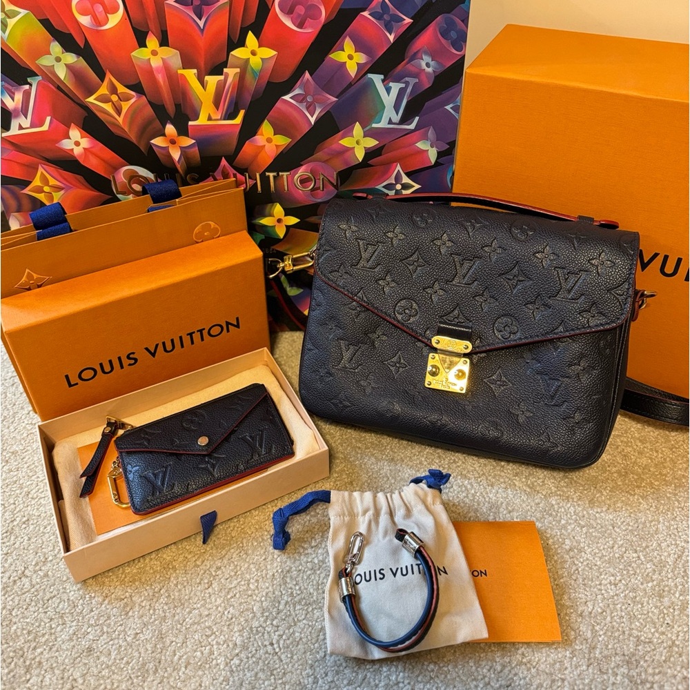 Louis Vuitton Marine Rouge Empriente Leather wallet, Pouchette, & bracelet set